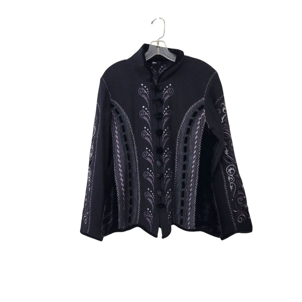 Covelo Women's Black Embroidered Wool Blend Jacket With Velvet Trim Button Front